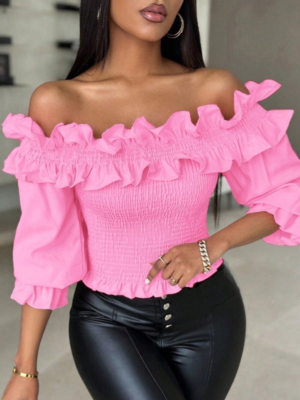 Pink Casual Women's Ruffle Decor Off Shoulder Cropped Top - Picture 3 of 6